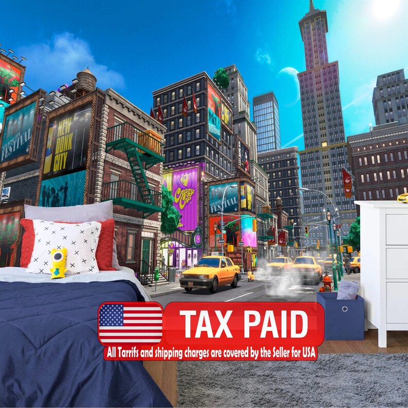 Cartoon Cityscape Wallpaper Mural, Kids Room Decor