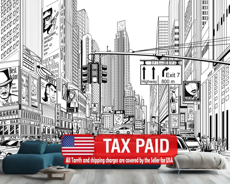 Cartoon City Street Wallpaper Mural, Black and White Comic