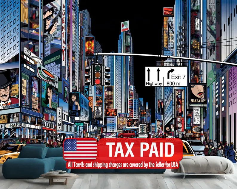 Cartoon cityscape wallpaper mural featuring colorful comic-style buildings in vibrant hues
