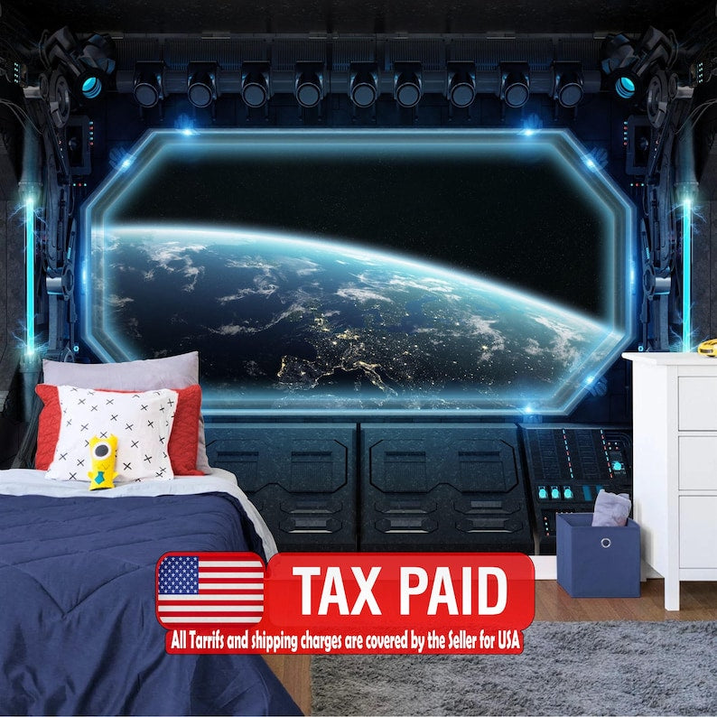 Spaceship Window Wall Mural, Stars Astronomy Kids Room
