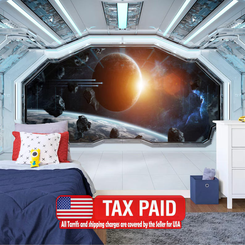Spaceship Window Wall Mural, Stars Astronomy Kids Room