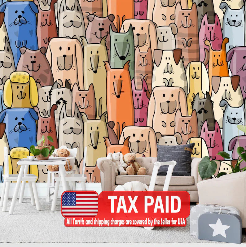 Cartoon Dogs Peel and Stick Wallpaper Mura: Colorful Kids Decor