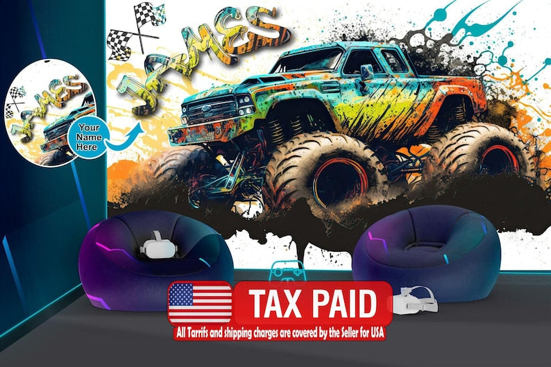 Monster Truck Watercolor Wall Decal, Gaming Room Decor