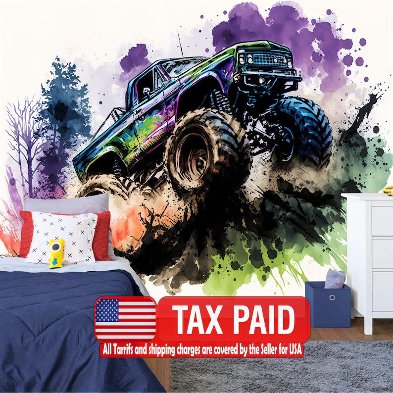 Wallpaper, Monster Truck Watercolor Wall Mural, Kids Room Decor