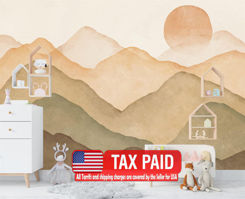 Pastel Sunset Mountain Mural, Nursery Wallpaper, Self Adhesive