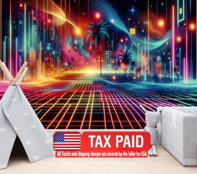 Neon Gaming Room Mural, 80s Vaporwave, Peel and Stick