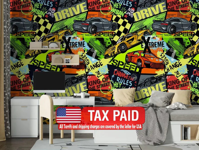 Speed Cars Racing Wallpaper, Boys Room Decor Gift