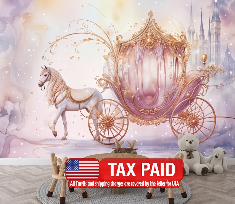 Fairy Princess Pink Carriage Wallpaper Mural, Girls Room
