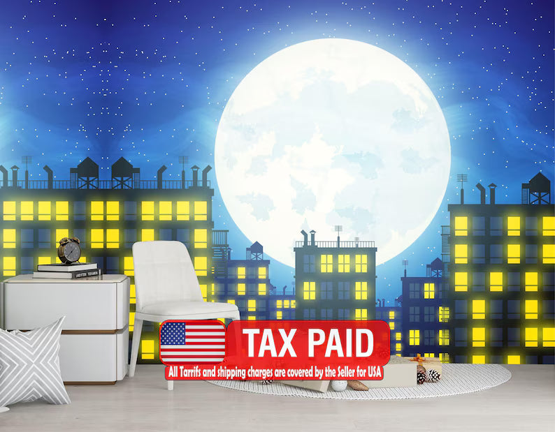 Comic Cityscape Wallpaper Mural, Kids Room Decor