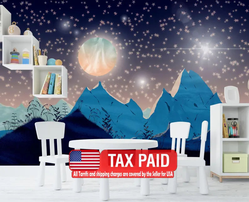 Mountains Moon Nursery Wallpaper Mural, Starry Night