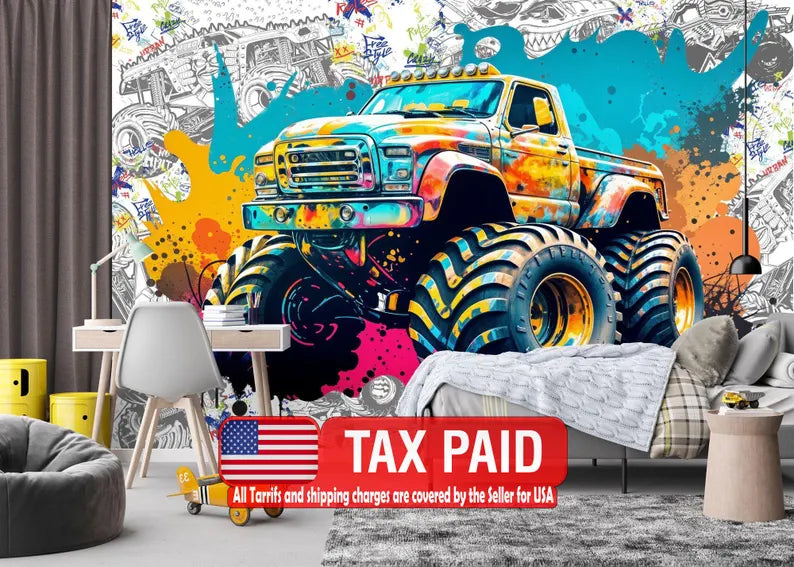 Monster Truck Watercolor Mural, Kids Room Decor