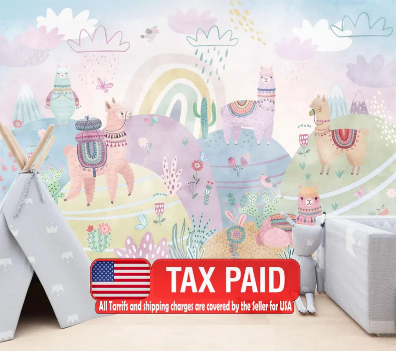 Llama Nursery Wallpaper Mural, Wildlife Art Print wallpaper mural showing the full design clearly for modern interior wall d