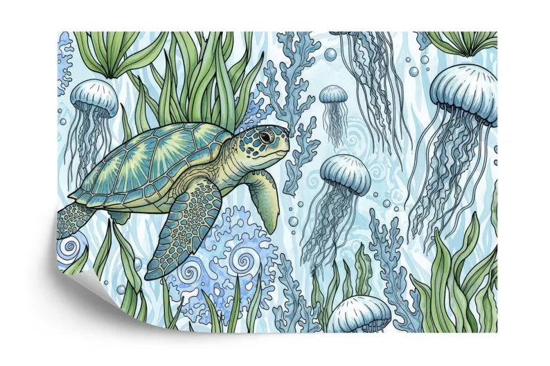 Ocean Turtle Jellyfish Wallpaper Mural Art Print