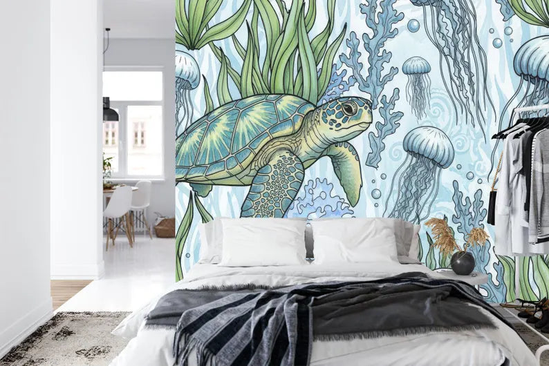 Ocean Turtle Jellyfish Wallpaper Mural Art Print