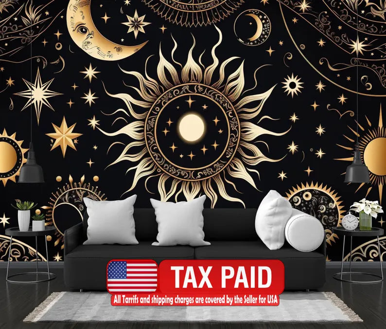 Golden Stars Moon Wallpaper Mural, Mystical Space