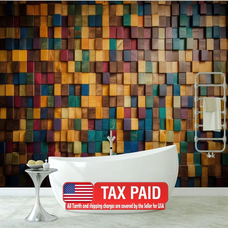 Mosaic Wood Wall Mural, Multi-Colored Wallpaper Easy Install