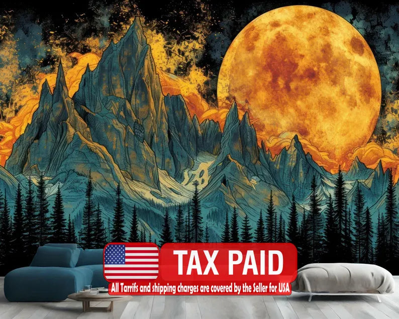 Mountain Full Moon Mural, Sky and Trees