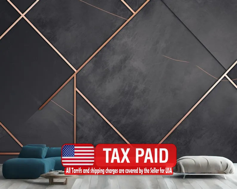 Charcoal Gray Marble Rose Gold Geometric Wallpaper Mural