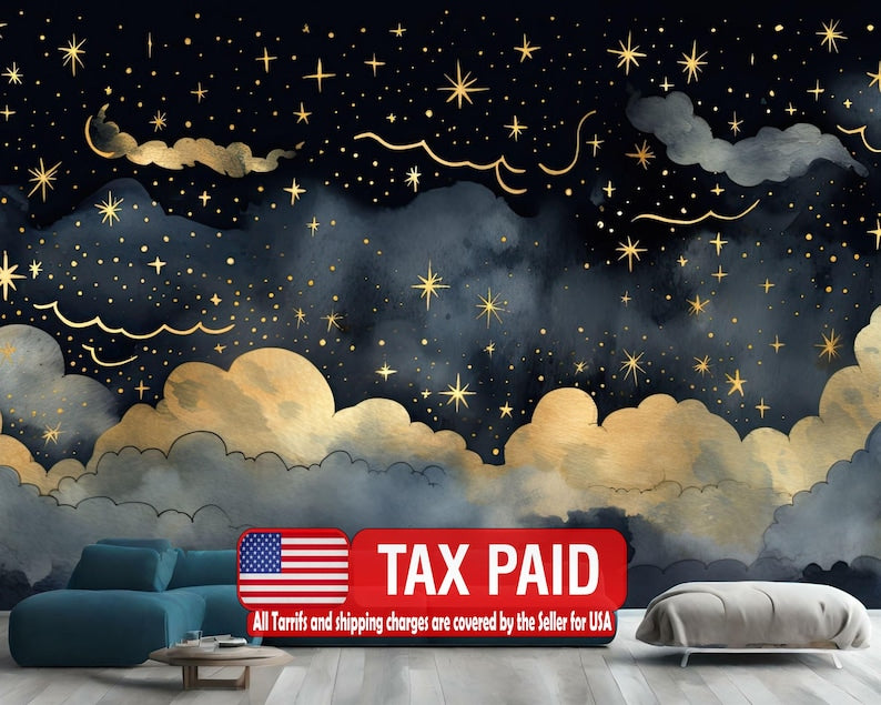 Gold Starry Night Sky Wallpaper Mural Gift Art wallpaper mural showing the full design clearly for modern interior wall deco