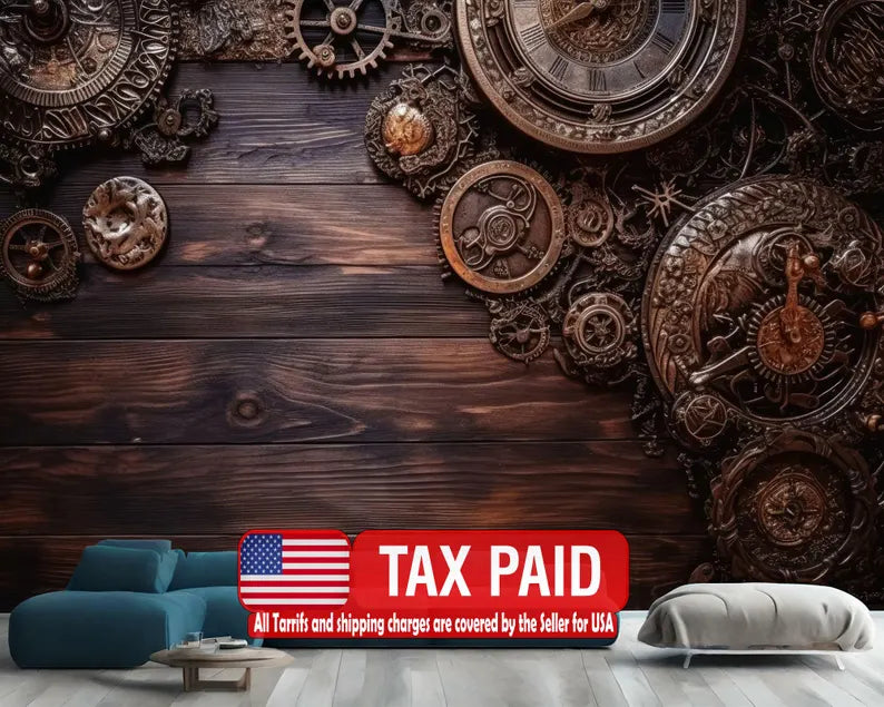 Steampunk Gear Wood Wallpaper Mural Art