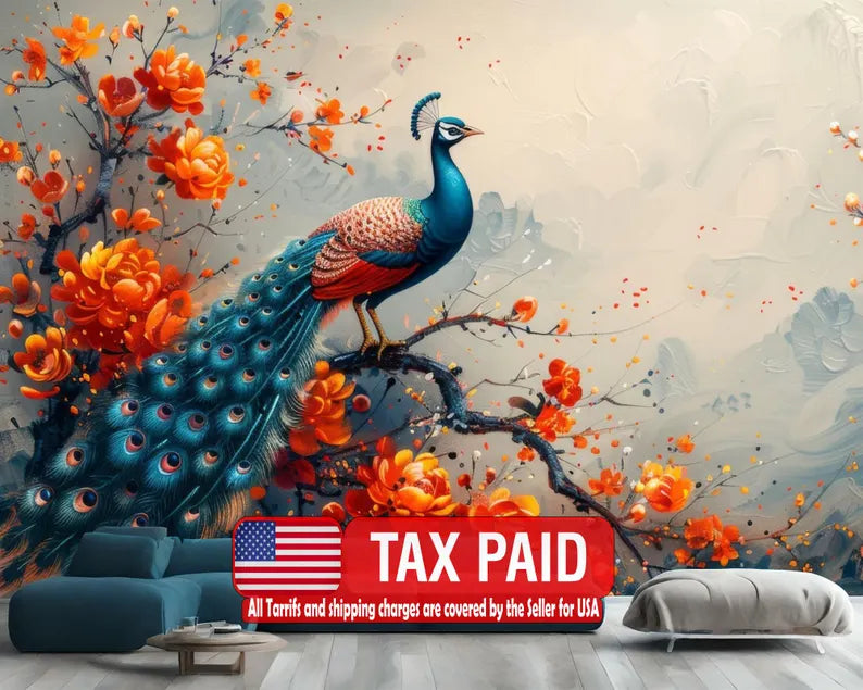 Vintage Floral Peacock Wallpaper Mural Art Print