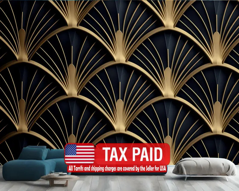 Art Deco Scallop Palm Fan Wallpaper Mural