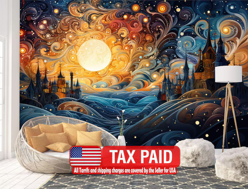 Fantasy Castle and Moon Landscape Wallpaper Mural