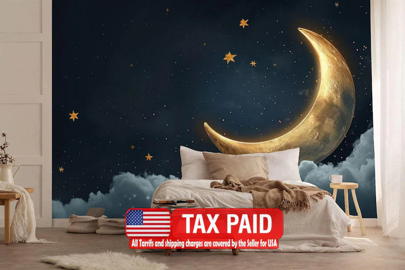 Golden Crescent Moon Wallpaper Mural - Starry Night