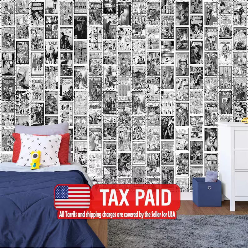 Vintage Comics Collage Wallpaper, Black and White