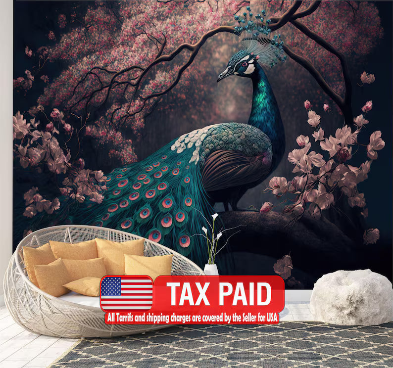 Chinoiserie Peacock Wallpaper Mural Watercolor Tree & Flower Art