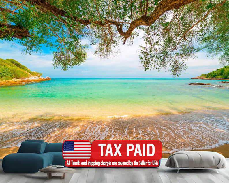 Tropical Beach Lagoon Wall Mural, Gift ,Art  Wallpaper wallpaper mural showing the full design clearly for modern interior w