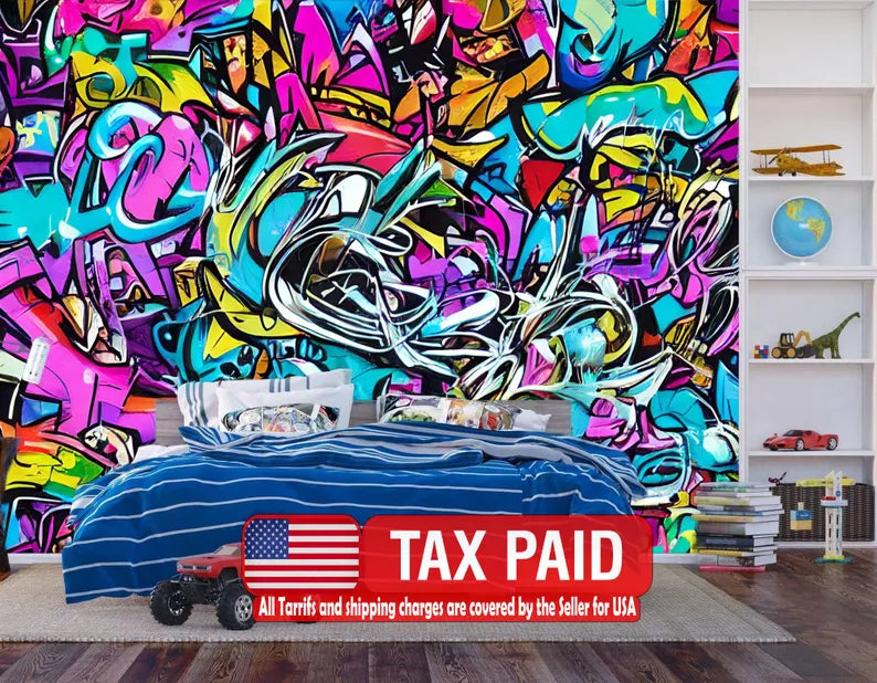 Graffiti Splatter Wallpaper Mural, Colorful AI Art