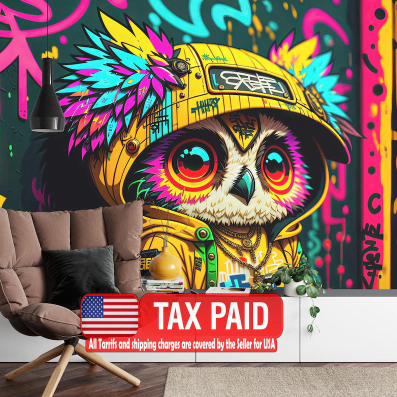 Colorful Graffiti Owl Mural, Street Art View Wallpaper