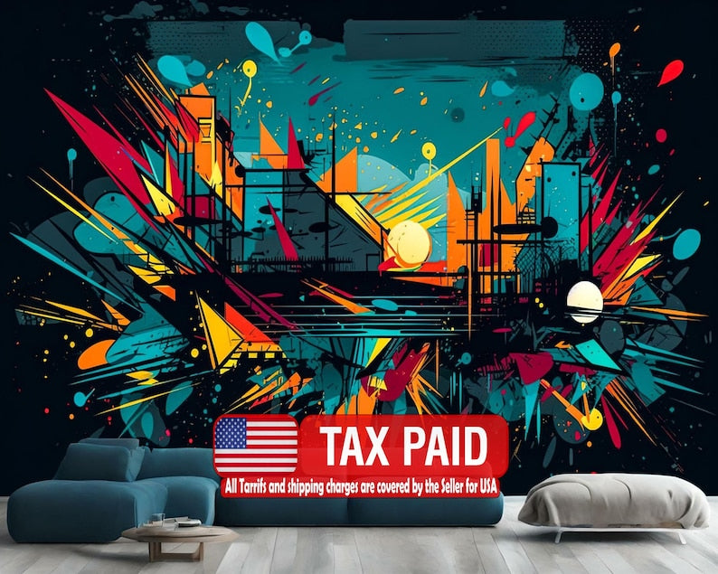 Colorful Graffiti Wallpaper Mural, Abstract AI Art Print