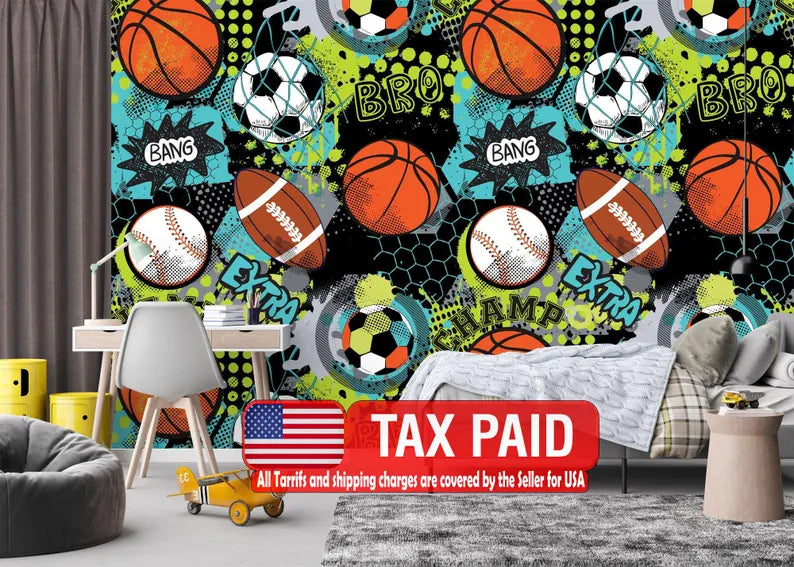 Sports Balls Wallpaper Mural, Boys Room Decor