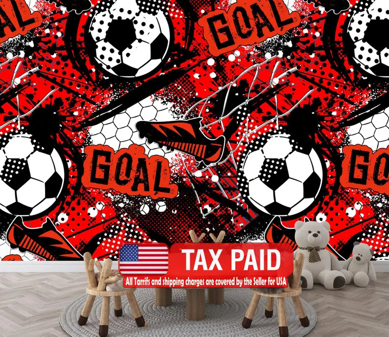 Kids Football Soccer Wallpaper Mural, Boys Room Decor wallpaper mural showing the full design clearly for modern interior wa