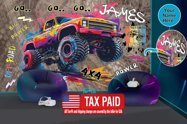 Wallpaper, Personalised Monster Truck Wall Mural, Gaming Room Decor