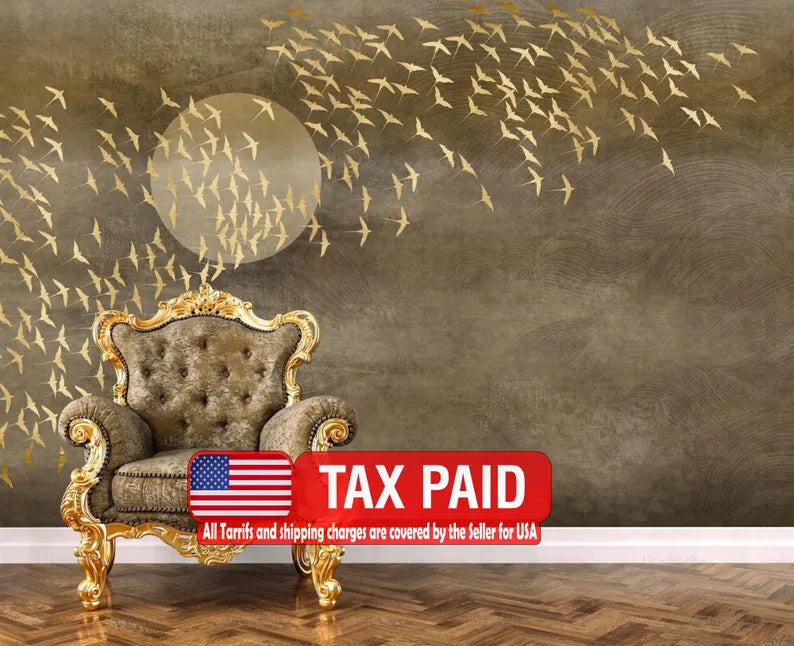 Japanese Gold Birds Wallpaper Mural, Peel and Stick Wall Decal