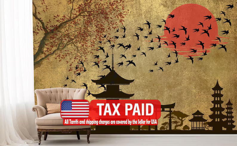 Japanese Moon Forest Mural, Birds Art Print