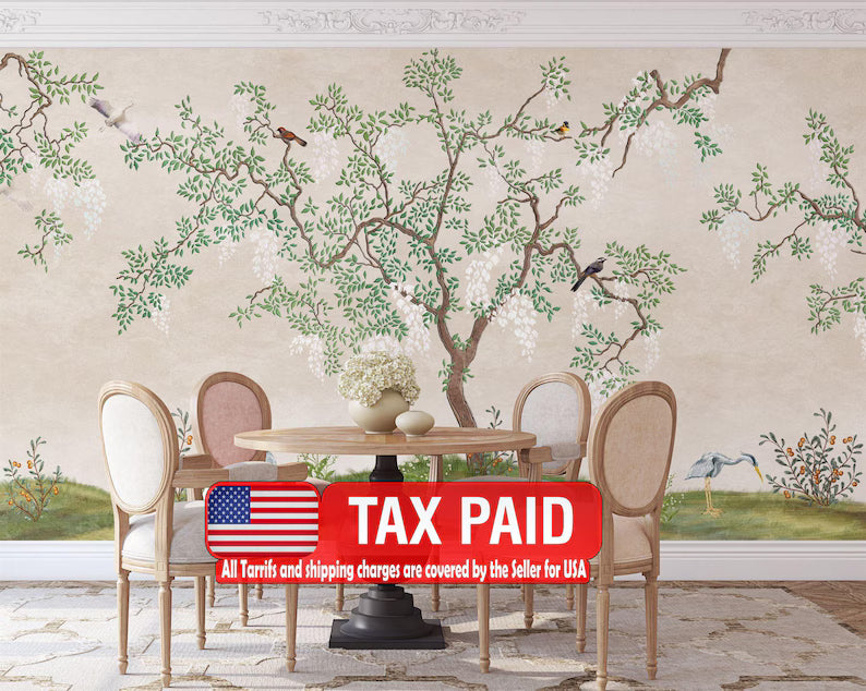 Japanese Garden Mural, Birds Fresco, Flowering Tree Wallpaper
