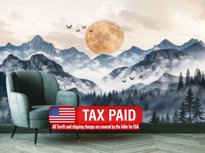 Wallpaper, Japanese Mountains Sunset Wall Mural - Birds, Forest