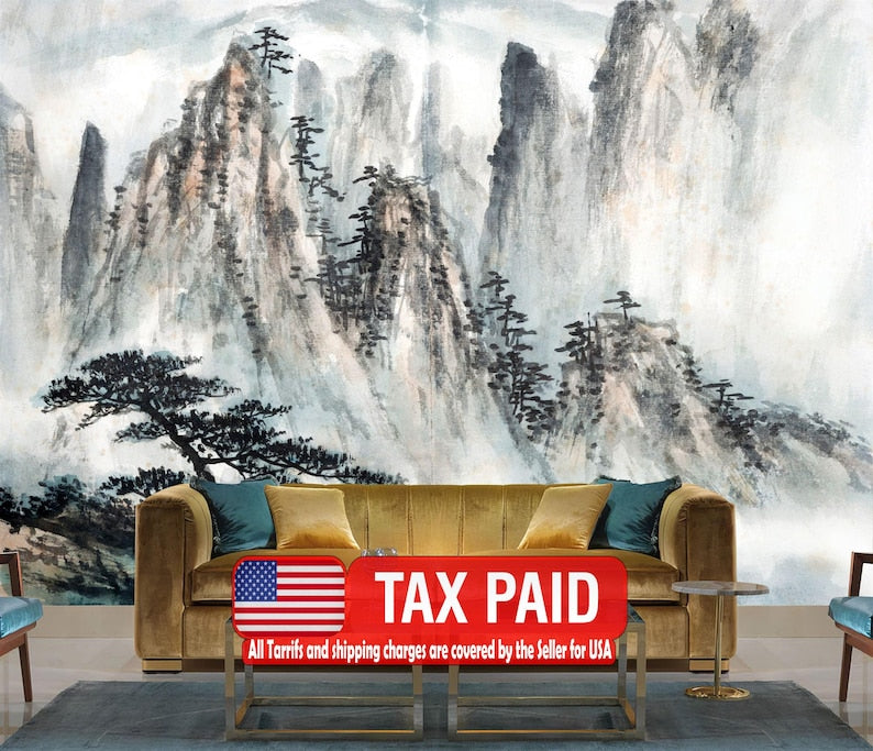 Chinese landscape painting wallpaper with misty mountains and traditional ink wash art style