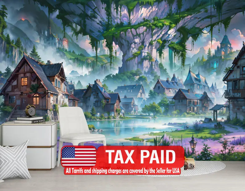 Enchanted Village Wallpaper Mural, Kids Room Decor
