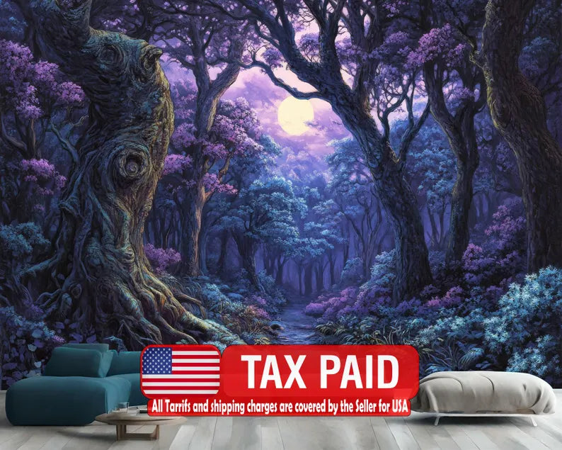 Fantasy Forest Wallpaper Mural, Purple Cyan Gift