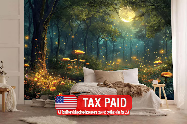 Fantasy Forest Mural, Glowing Trees, Flowers Wallpaper
