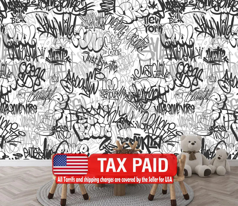 Urban Graffiti Wallpaper Mural, Black and White