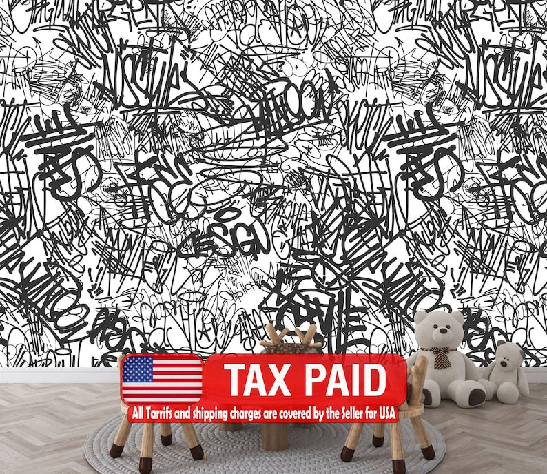 Urban Graffiti Wallpaper Mural, Black and White