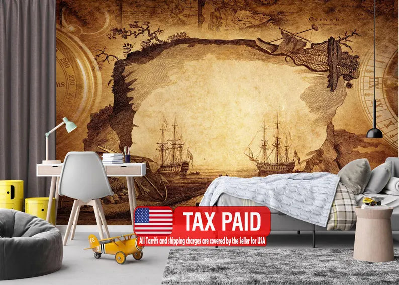 Nautical Map Wallpaper Mural, Vintage Captain's Log