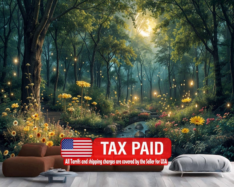 Enchanted Forest Night Wallpaper Mural, Moonlit Trees