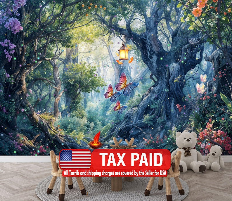 Enchanted forest wallpaper mural with mystical trees and ethereal lighting for bedroom or living room